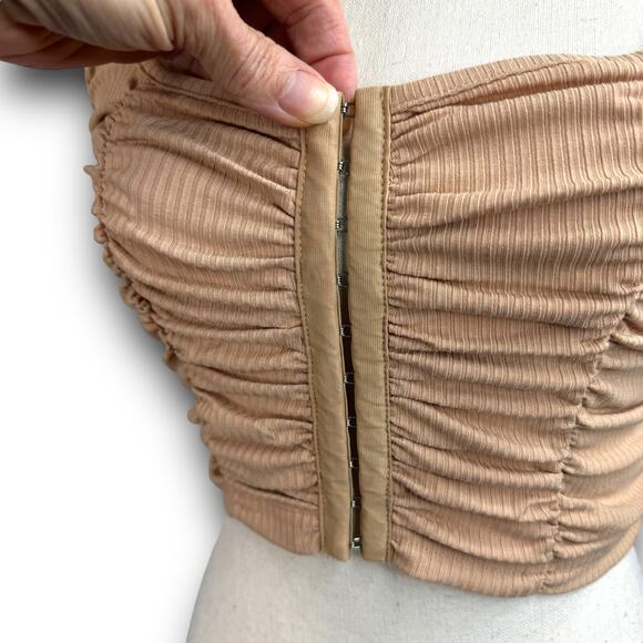 Womens Corset Look Ribbed Ruched Cropped Tank Top Stretch Tan Beige Size Small - Picture 3 of 6